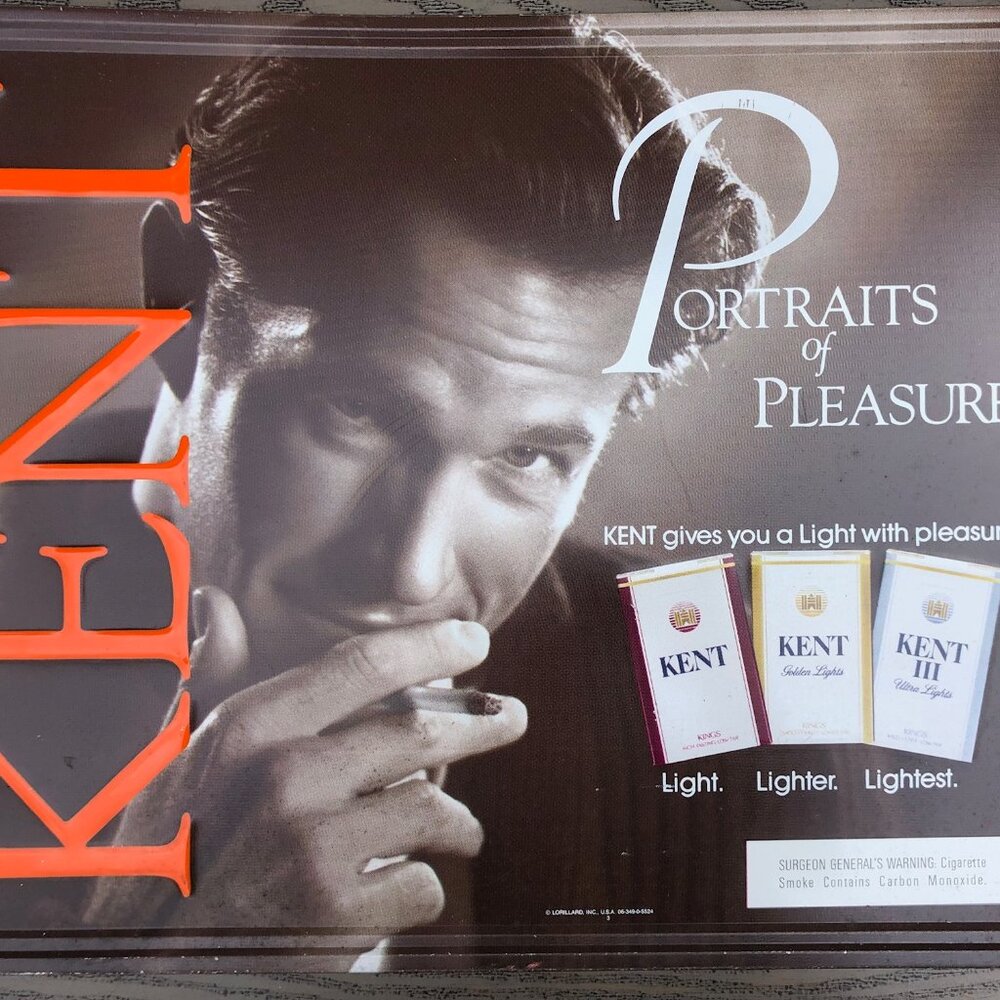 Vintage Kent Cigarette Advertising Sign Embossed Tin - Large 21 x 17